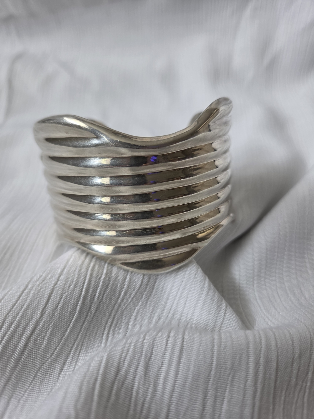 Vintage Sterling Silver Ribbed Beveled Wavy 4cm Wide Cuff Statement Bracelet 64g - Picture 6 of 17